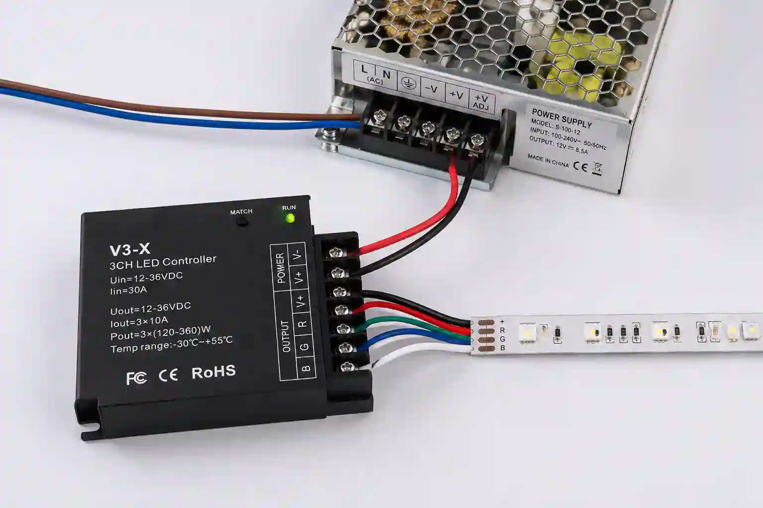 Instalace RF přijímače dimLED V3-X mezi napájecí zdroj 12-36V DC a LED pásek